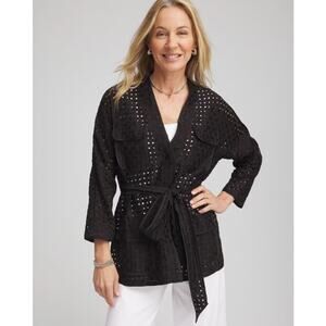 Chico’s Black Open Weave Textured Belted Jacket Kimono Topper Size 1 M